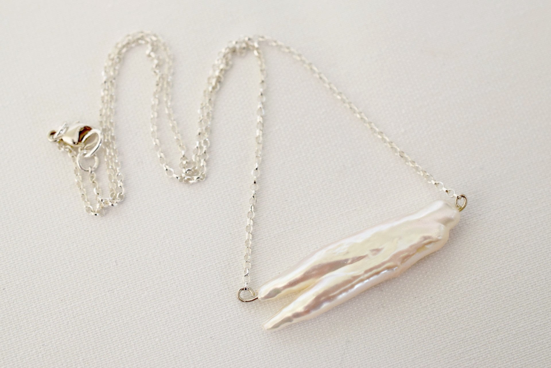 Biwa Stick Freshwater Pearl Necklace in Silver - MILK VELVET PEARLS