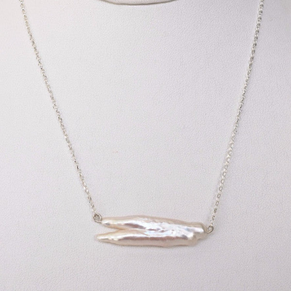Biwa Stick Freshwater Pearl Necklace in Silver - MILK VELVET PEARLS