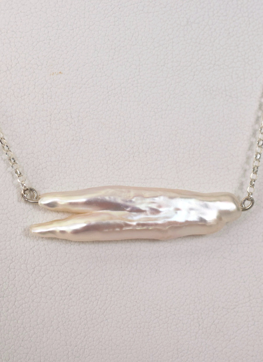 Biwa Stick Freshwater Pearl Necklace in Silver - MILK VELVET PEARLS