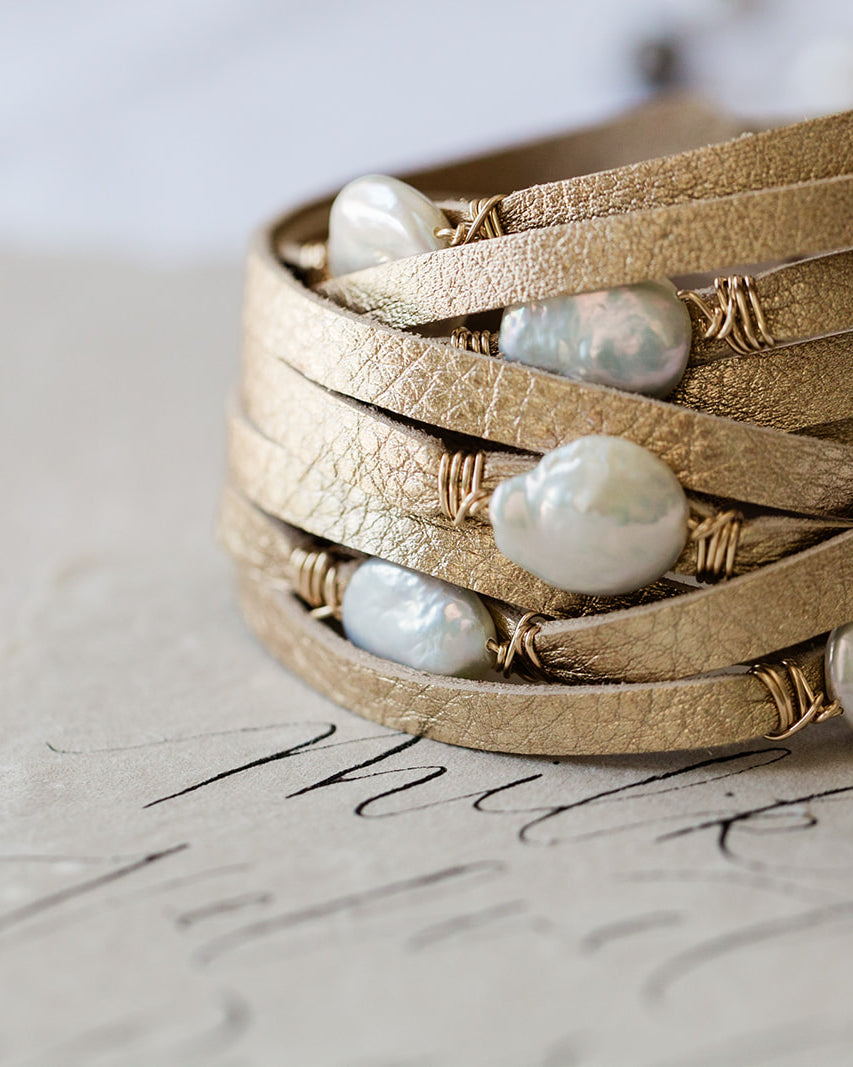 HALLELUJAH Leather Wrap, Gold - MILK VELVET PEARLS