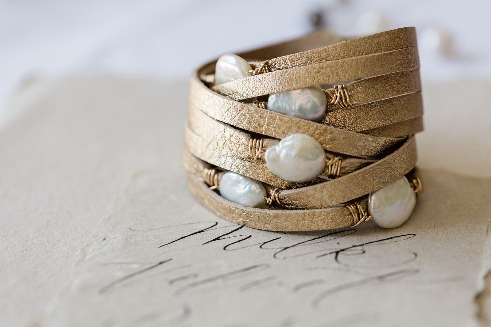 HALLELUJAH Leather Wrap, Gold - MILK VELVET PEARLS