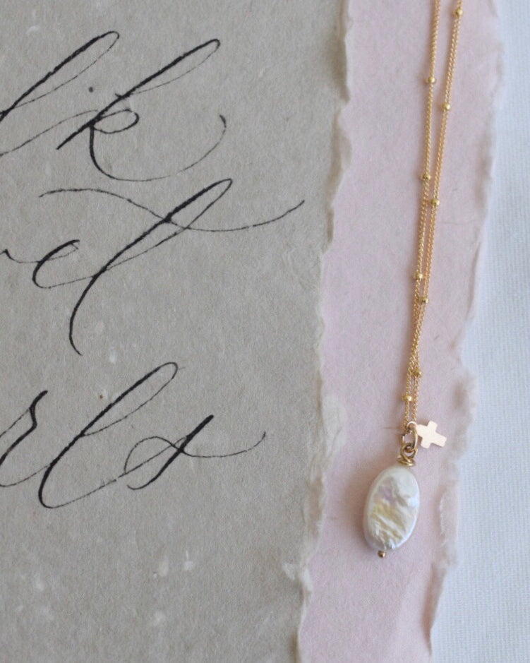 BE FAITHFUL: 14k gold filled, oval coin pearl necklace - MILK VELVET PEARLS