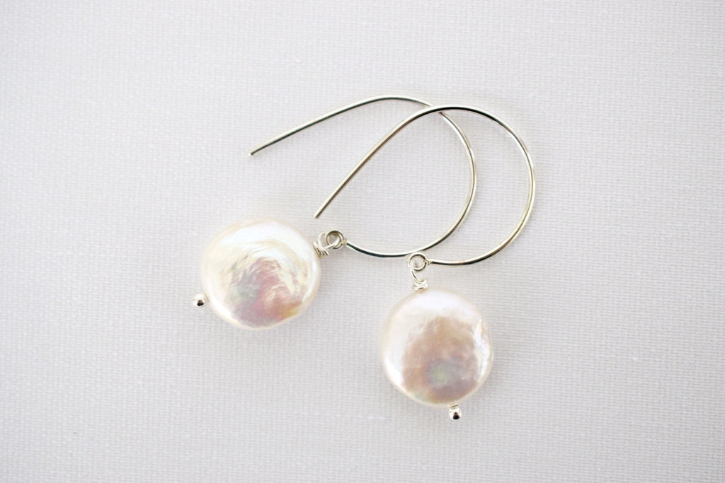 Coin Pearl Earrings - Sterling Silver