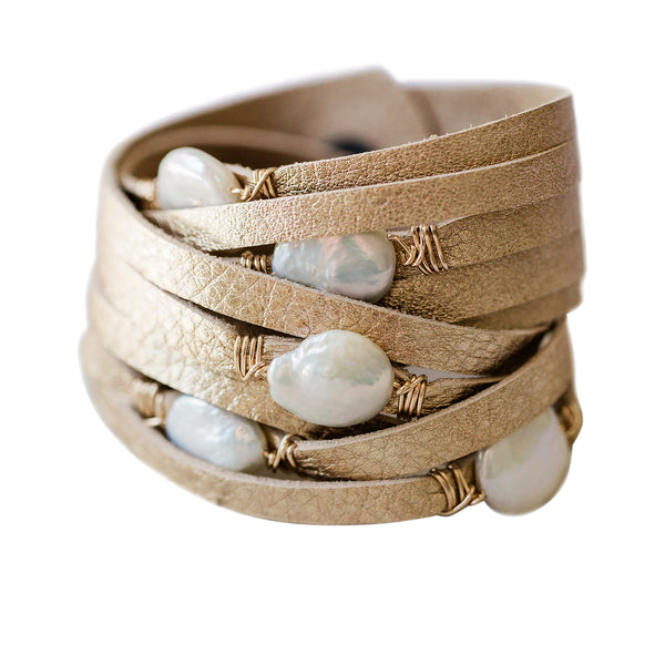 HALLELUJAH Leather Wrap, Gold - MILK VELVET PEARLS