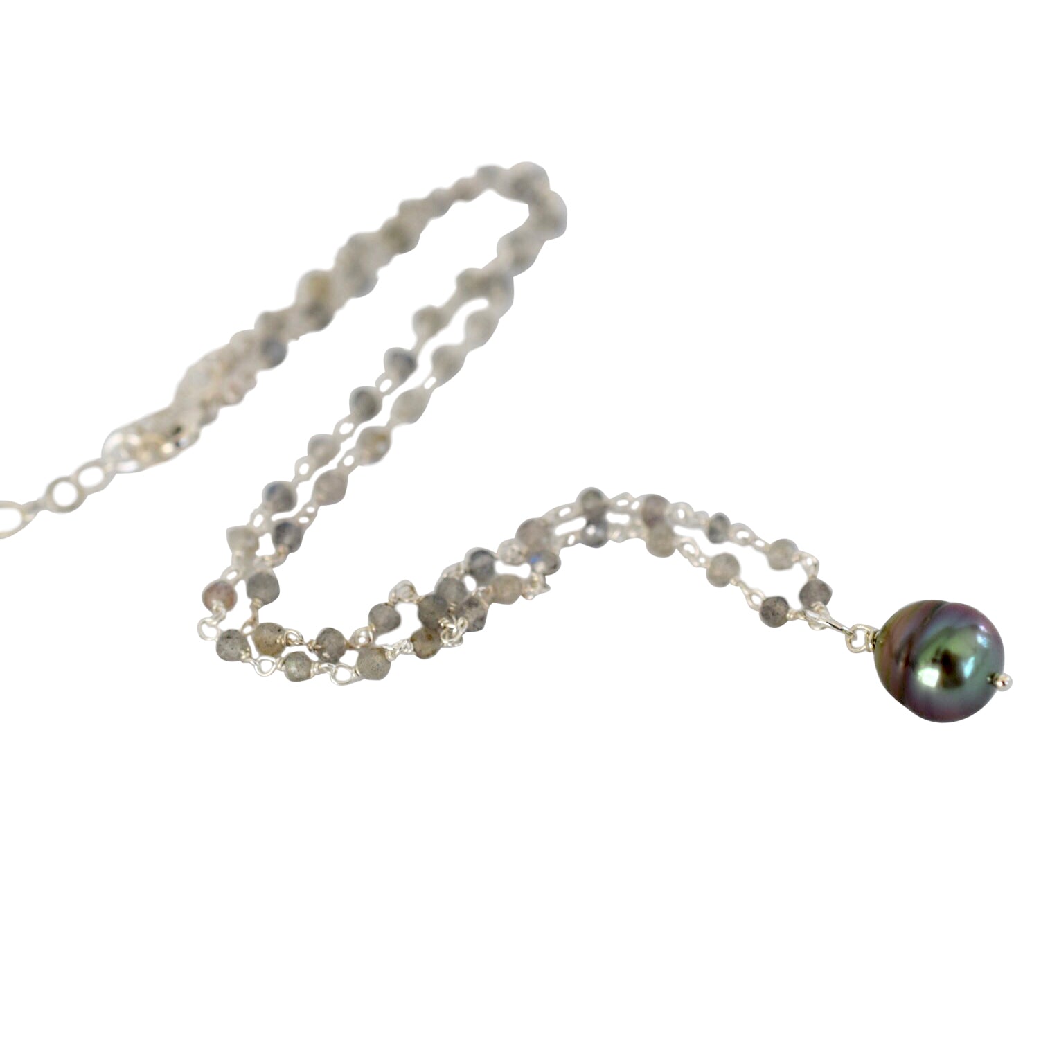 Sterling Silver Labradorite Rosary Chain with Tahitian Pearl Pendant - MILK VELVET PEARLS