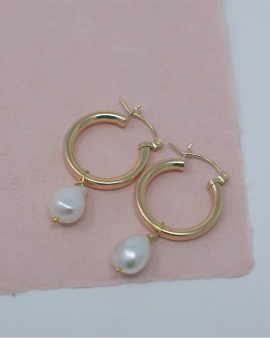 Gold Hoops with Baroque Pearls, 14k gold filled - MILK VELVET PEARLS