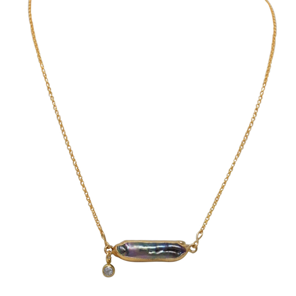 Black Peacock Biwa Stick Pearl Necklace, Gold Filled - MILK VELVET PEARLS