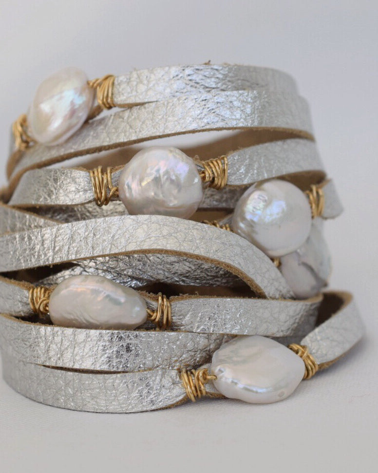 HALLELUJAH Leather Wrap Bracelet, Silver - MILK VELVET PEARLS