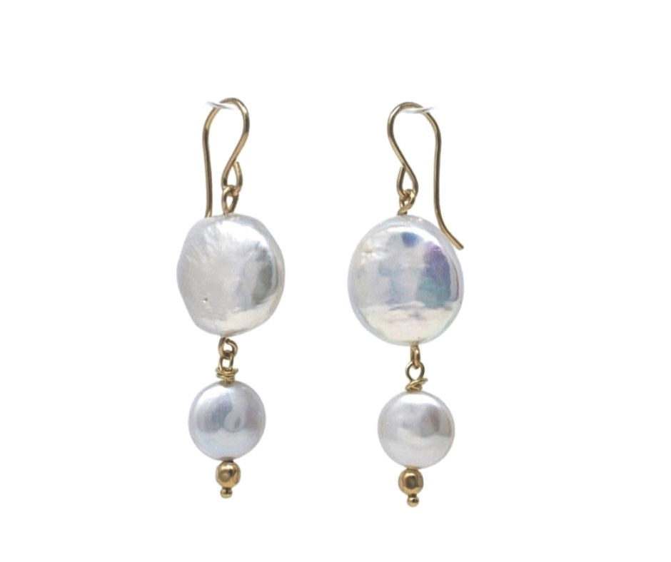 Double Portion: Coin Pearl Drop Earrings, 14k GF - MILK VELVET PEARLS