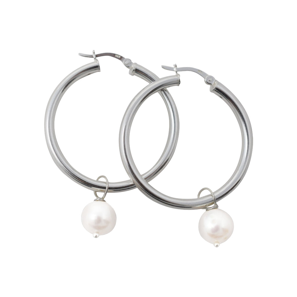 Large Silver Hoop Earrings (with 11mm round pearl)