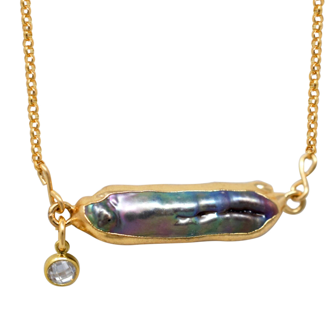 Black Peacock Biwa Stick Pearl Necklace, Gold Filled - MILK VELVET PEARLS