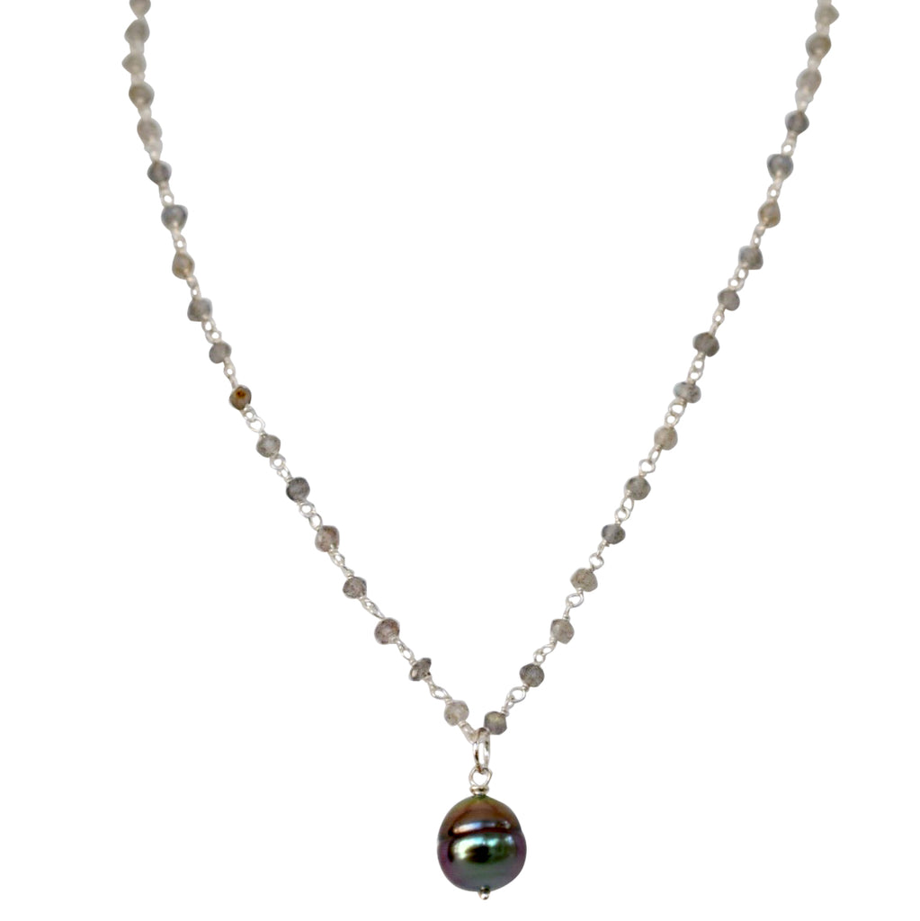 Sterling Silver Labradorite Rosary Chain with Tahitian Pearl Pendant - MILK VELVET PEARLS