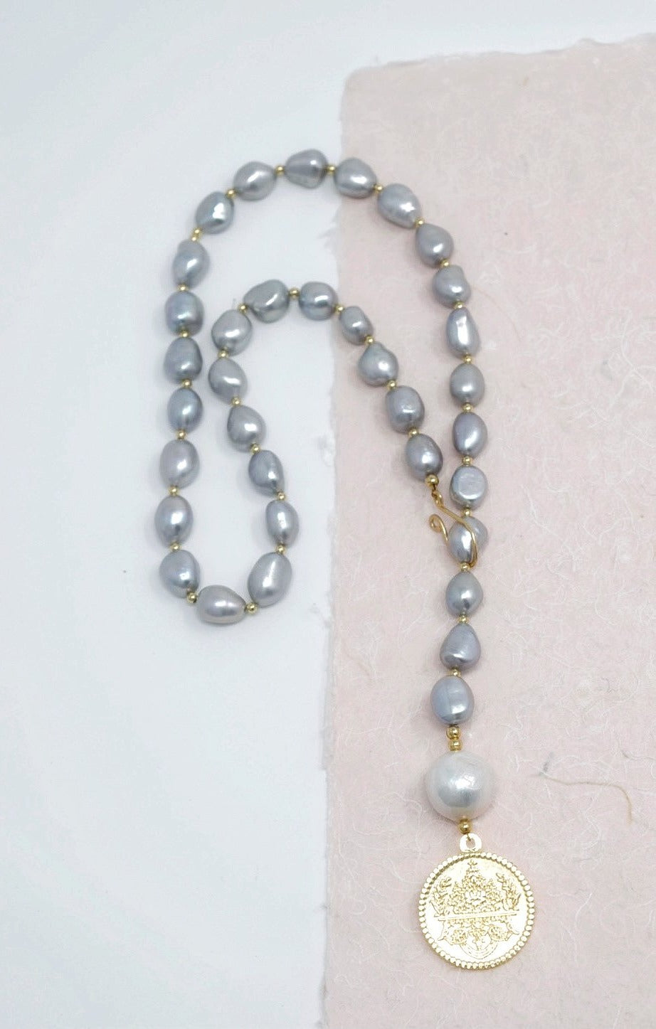 By Grace Necklace - Gray Baroque Pearl Lariat with Gold Coin Pendant - MILK VELVET PEARLS