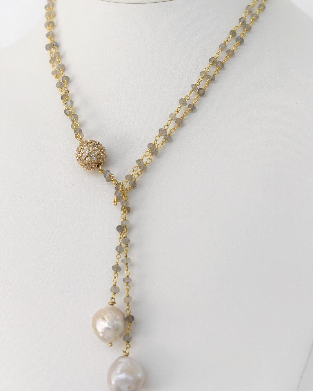 Abundance: Double Golden Baroque Pearl Lariat Necklace - MILK VELVET PEARLS