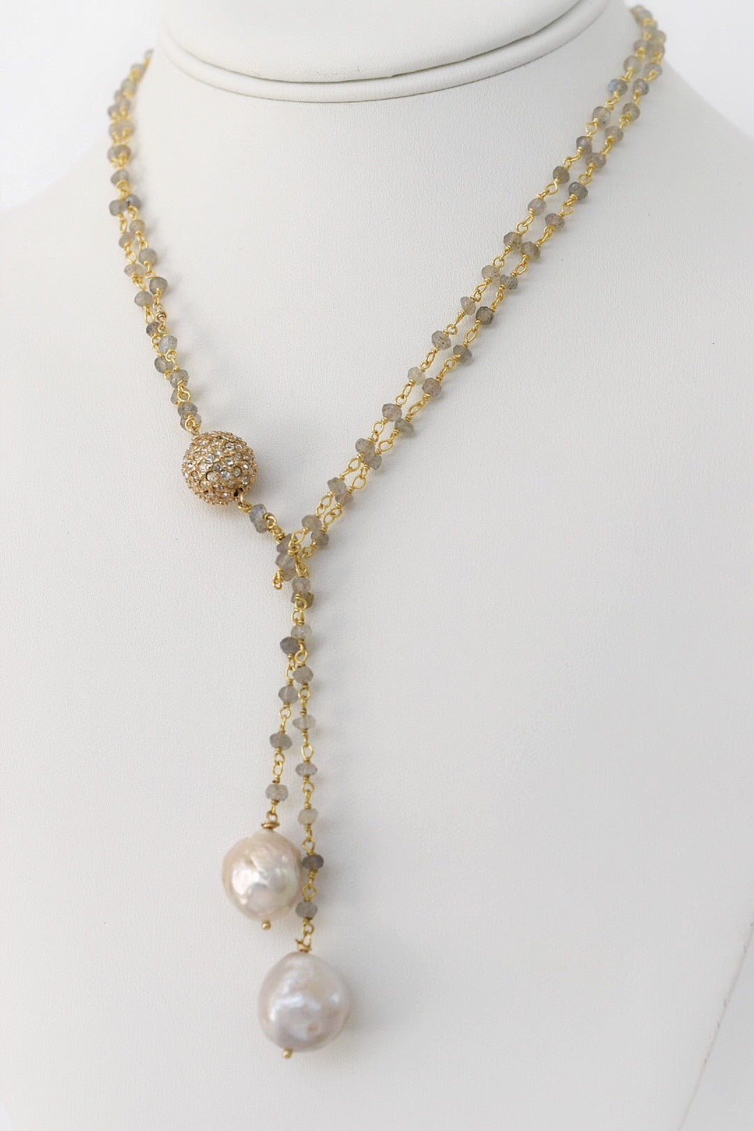 Abundance: Double Golden Baroque Pearl Lariat Necklace - MILK VELVET PEARLS