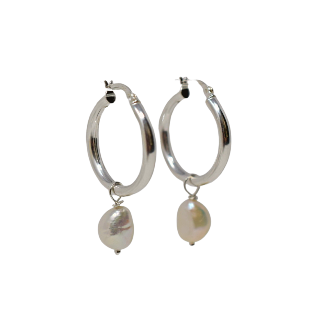 Baroque Pearl Silver Hoop Earrings (detachable pearls) - MILK VELVET PEARLS
