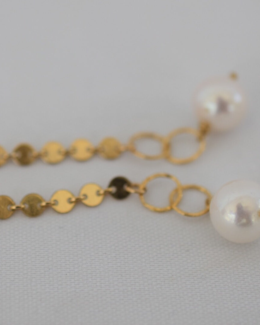 Gold Disc Dangles, 14k GF with 13mm pearls - MILK VELVET PEARLS