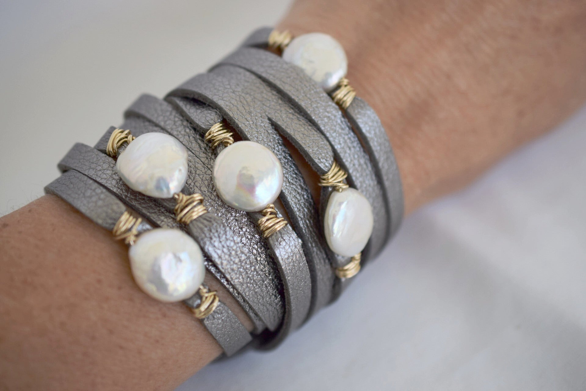 HALLELUJAH Platinum Leather Wrap Bracelet - MILK VELVET PEARLS
