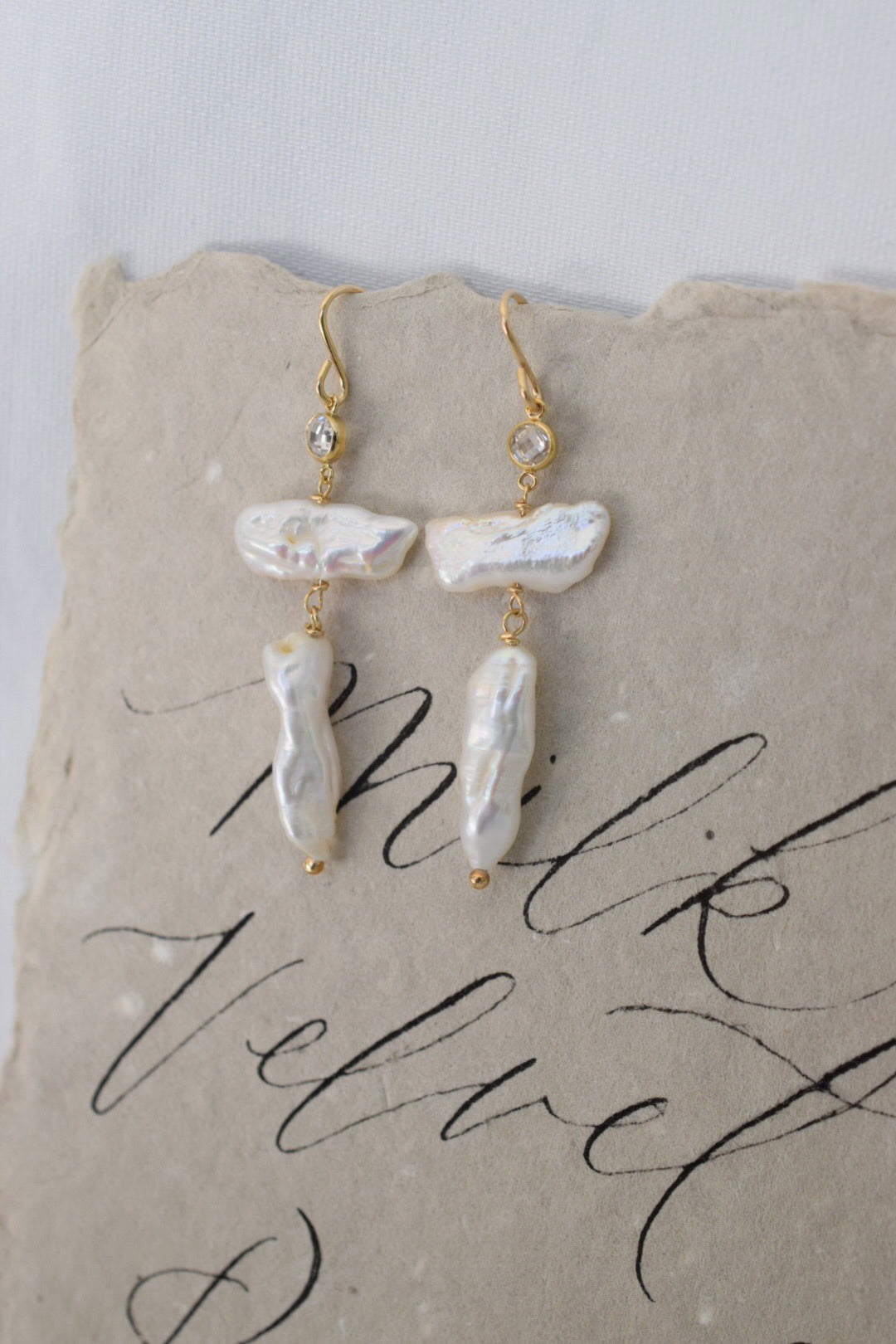 "All Is Well"  biwa stick pearl dangles, 14k gold filled - MILK VELVET PEARLS