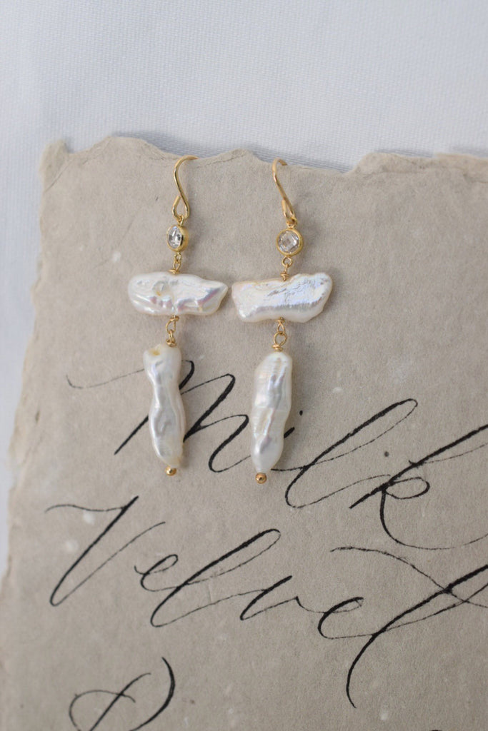 "All Is Well" biwa stick pearl dangles, 14k gold filled - MILK VELVET PEARLS
