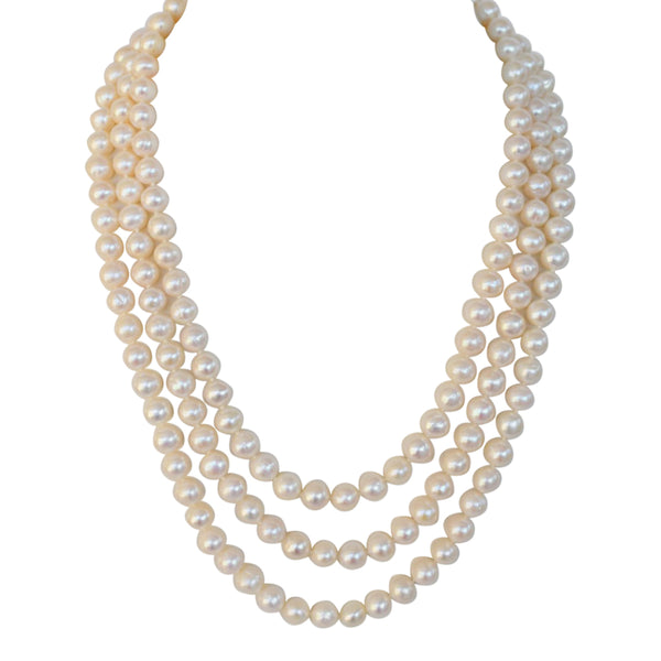 3-Strand Classic ~ Jackie O Style ~  Pearl Necklace - MILK VELVET PEARLS