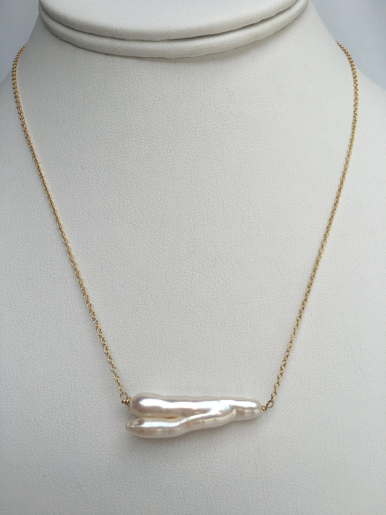 Biwa Stick Freshwater Pearl Necklace, 14k GF