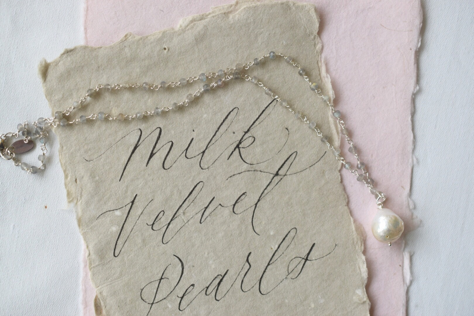 Silver Satin Rosary Necklace, Lg. Baroque Drop Pearl - MILK VELVET PEARLS