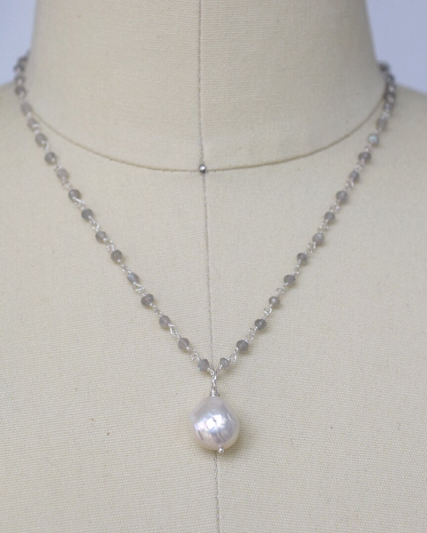 Silver Satin Rosary Necklace, Lg. Baroque Drop Pearl - MILK VELVET PEARLS