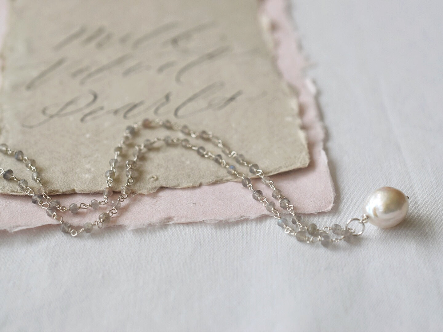 Silver Satin Rosary Necklace, Lg. Baroque Drop Pearl - MILK VELVET PEARLS