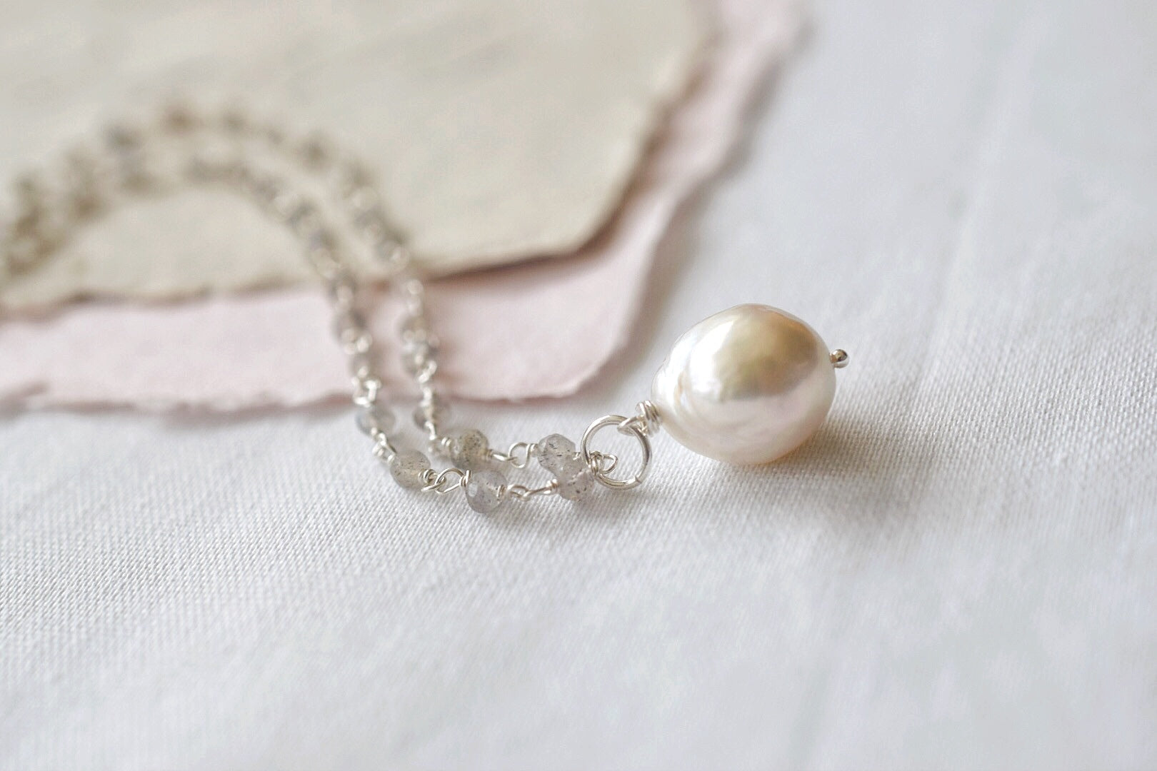 Silver Satin Rosary Necklace, Lg. Baroque Drop Pearl - MILK VELVET PEARLS