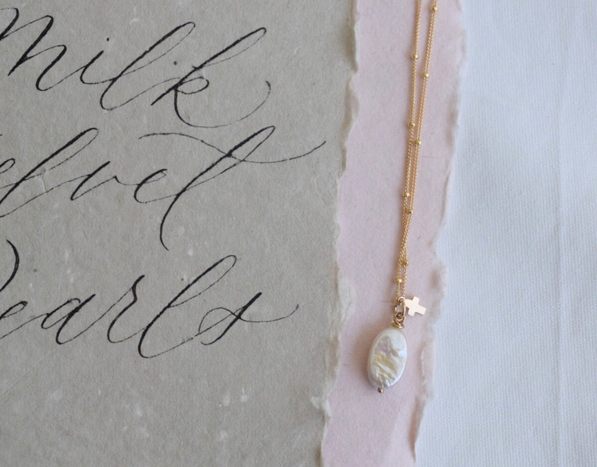 BE FAITHFUL: 14k gold filled, oval coin pearl necklace - MILK VELVET PEARLS