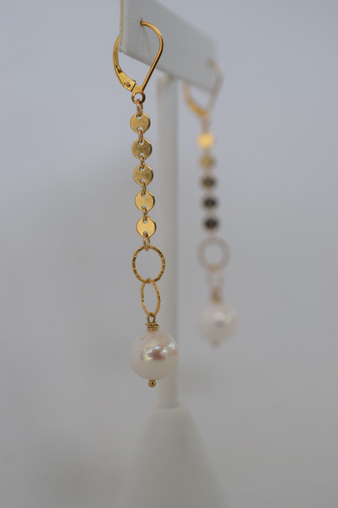 Gold Disc Dangles, 14k GF with 13mm pearls - MILK VELVET PEARLS