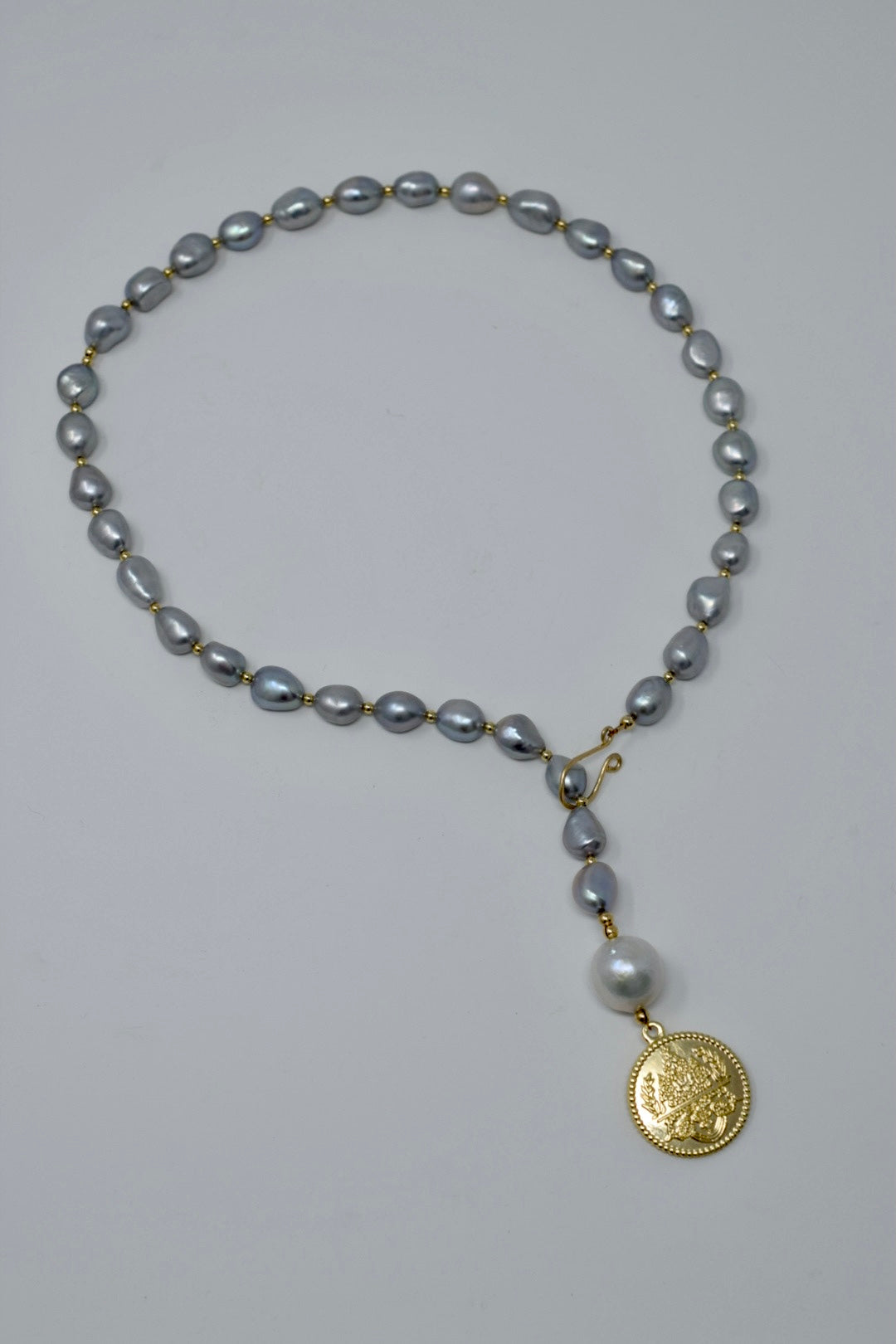 By Grace Necklace - Gray Baroque Pearl Lariat with Gold Coin Pendant - MILK VELVET PEARLS