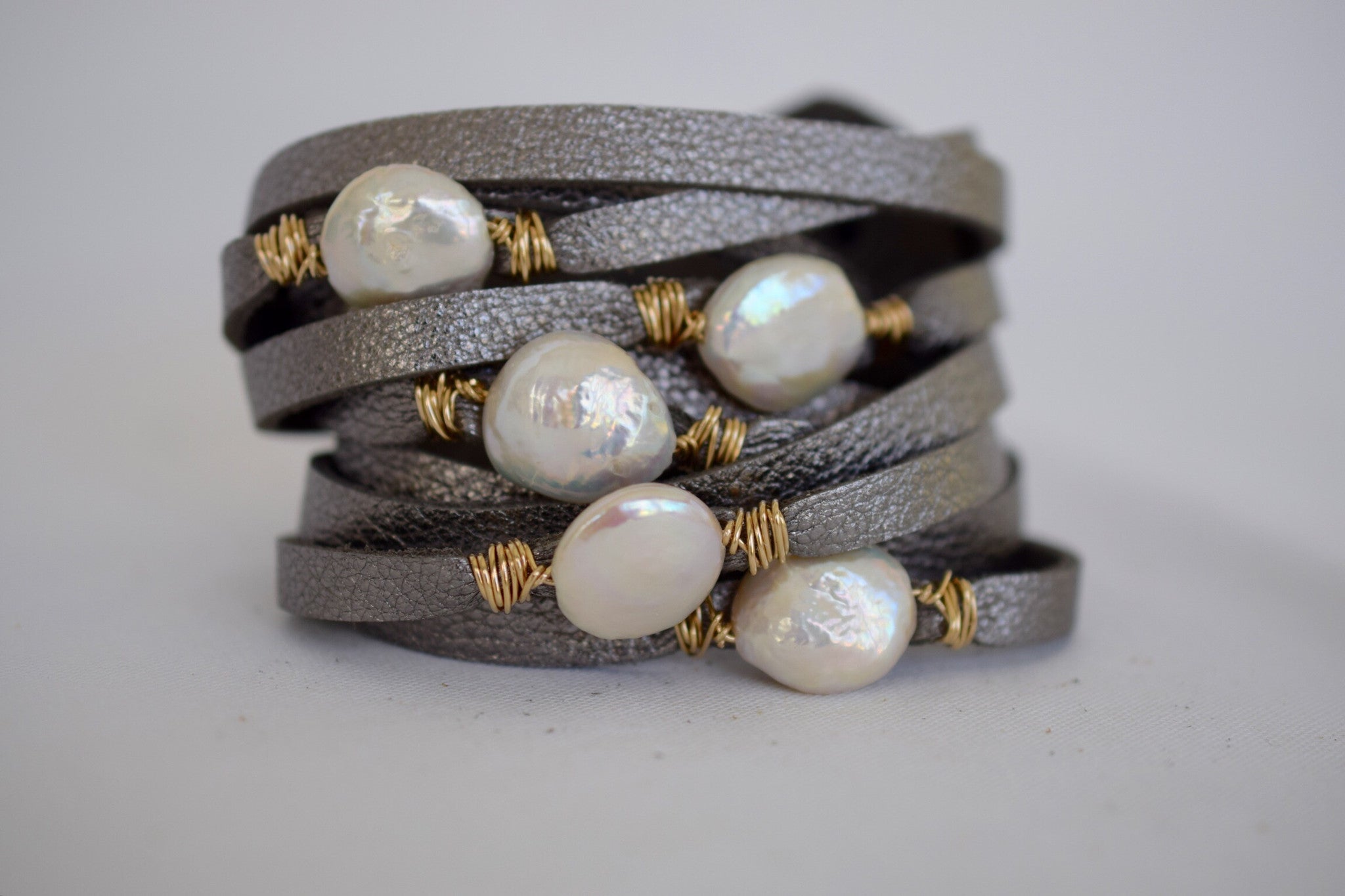 HALLELUJAH Platinum Leather Wrap Bracelet - MILK VELVET PEARLS