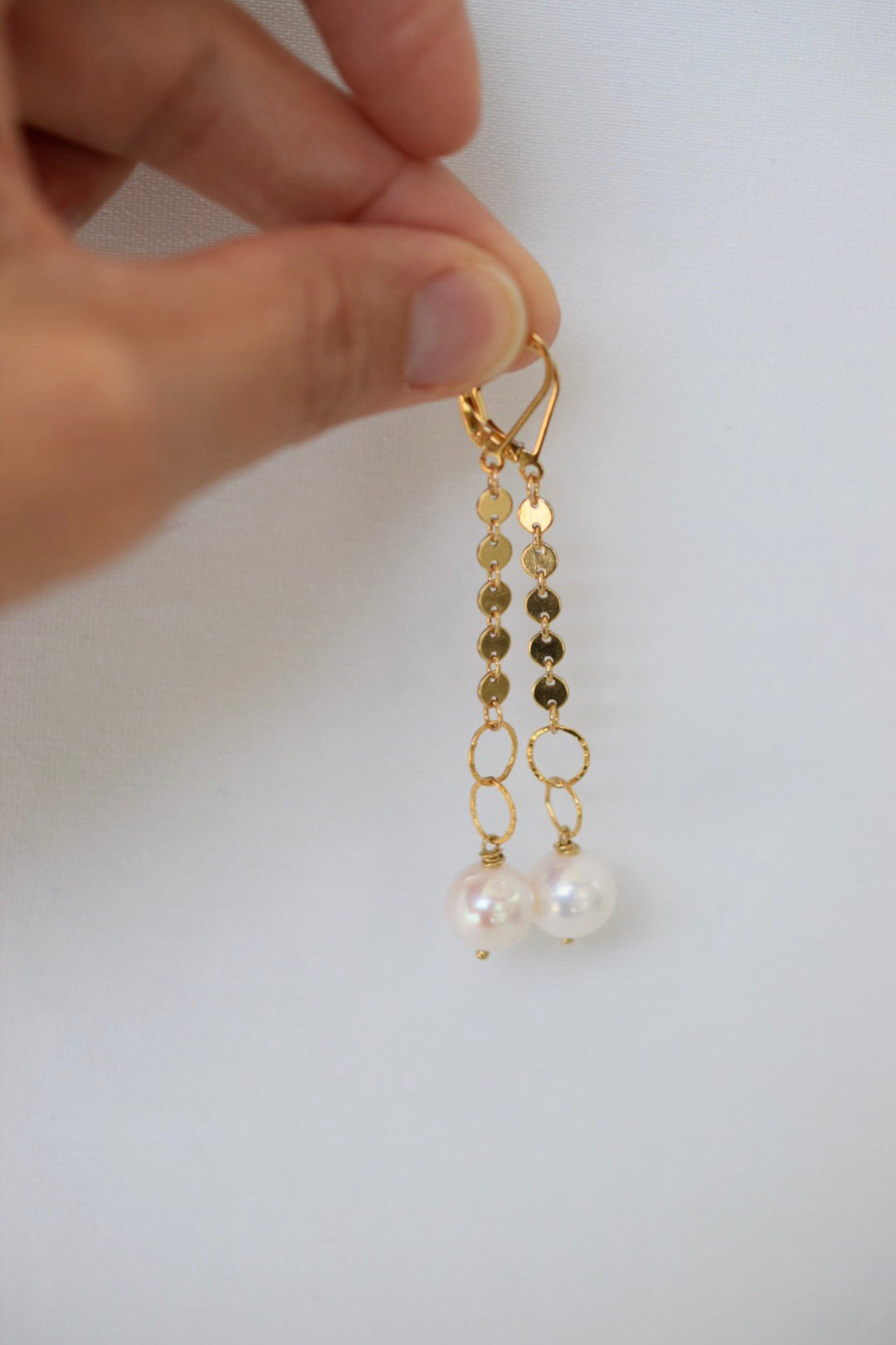 Gold Disc Dangles, 14k GF with 13mm pearls - MILK VELVET PEARLS