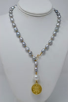 By Grace Necklace - Gray Baroque Pearl Lariat with Gold Coin Pendant - MILK VELVET PEARLS