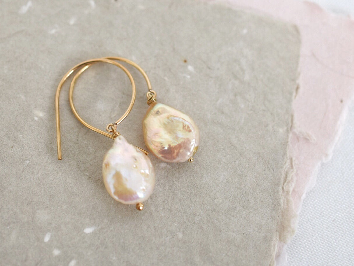Peachy Pink Coin Pearl Earrings, 14GF - MILK VELVET PEARLS