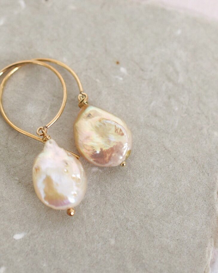 Peachy Pink Coin Pearl Earrings, 14GF - MILK VELVET PEARLS