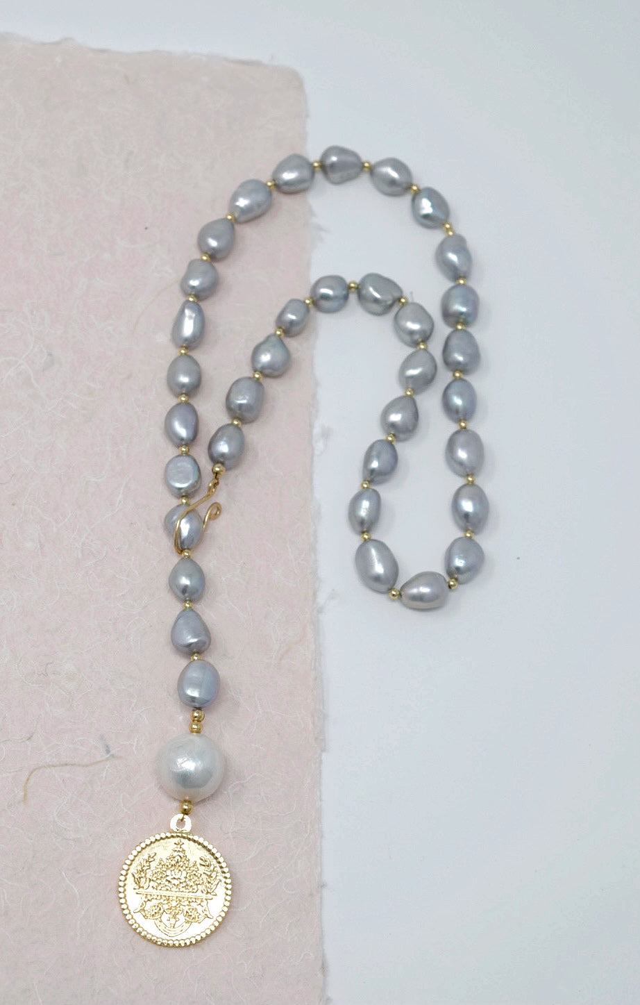 By Grace Necklace - Gray Baroque Pearl Lariat with Gold Coin Pendant - MILK VELVET PEARLS