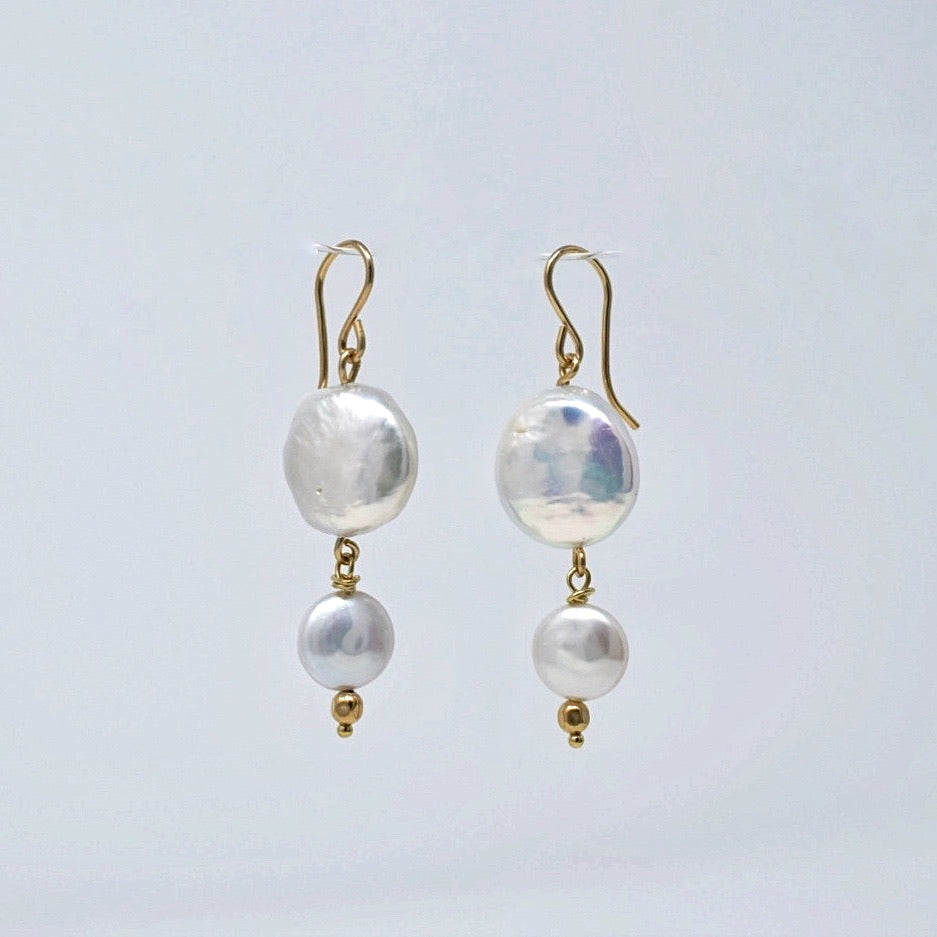 Double Portion: Coin Pearl Drop Earrings, 14k GF - MILK VELVET PEARLS