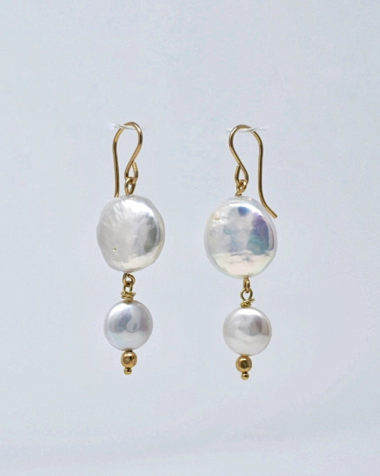 Double Portion: Coin Pearl Drop Earrings, 14k GF - MILK VELVET PEARLS