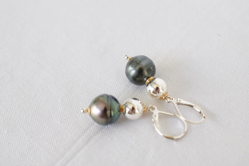 Silver + Gold Tahitian Pearl Drop Earrings, Limited Edition - MILK VELVET PEARLS