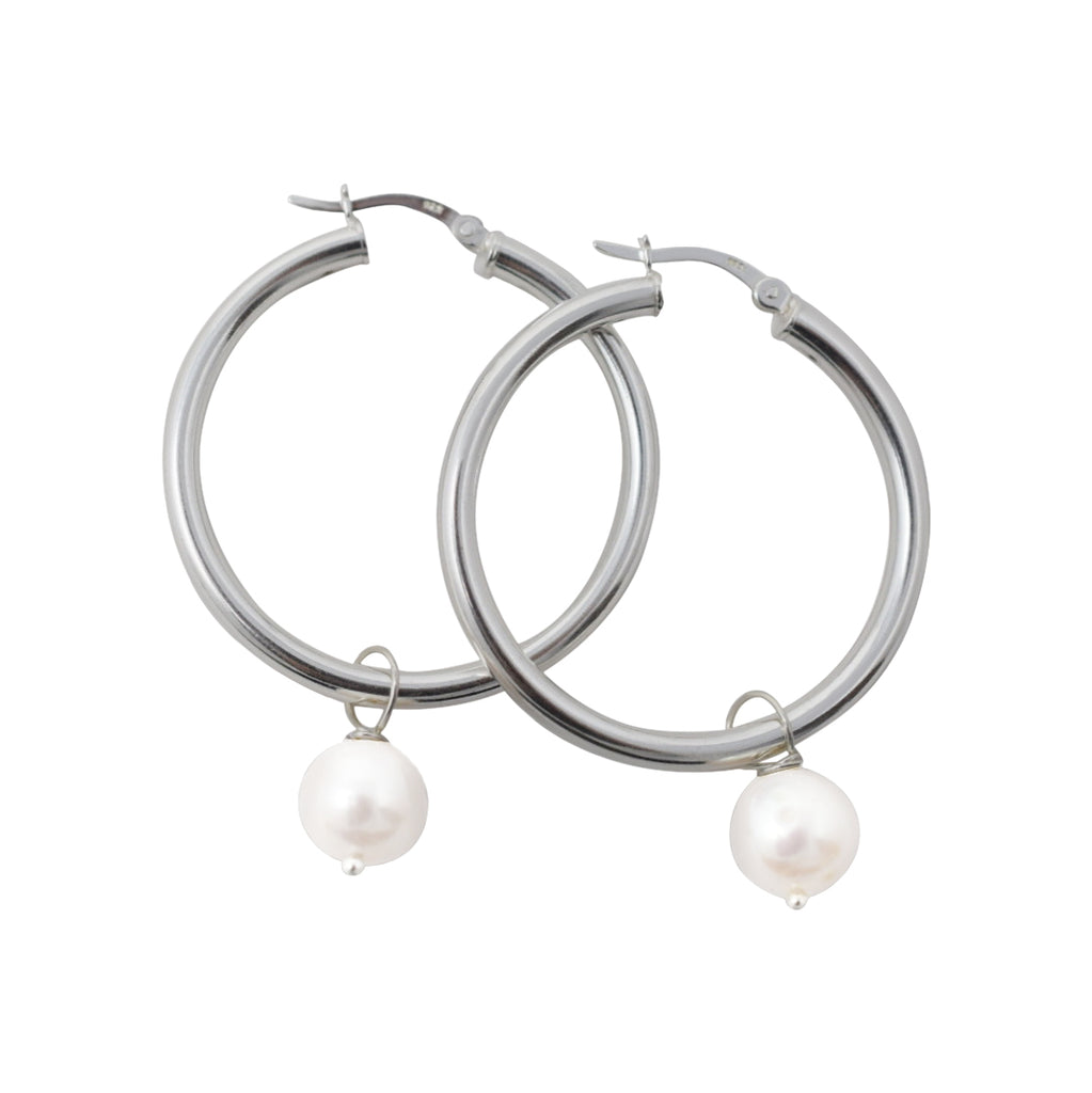 Large Silver Hoop Earrings  (with 11mm round pearl)