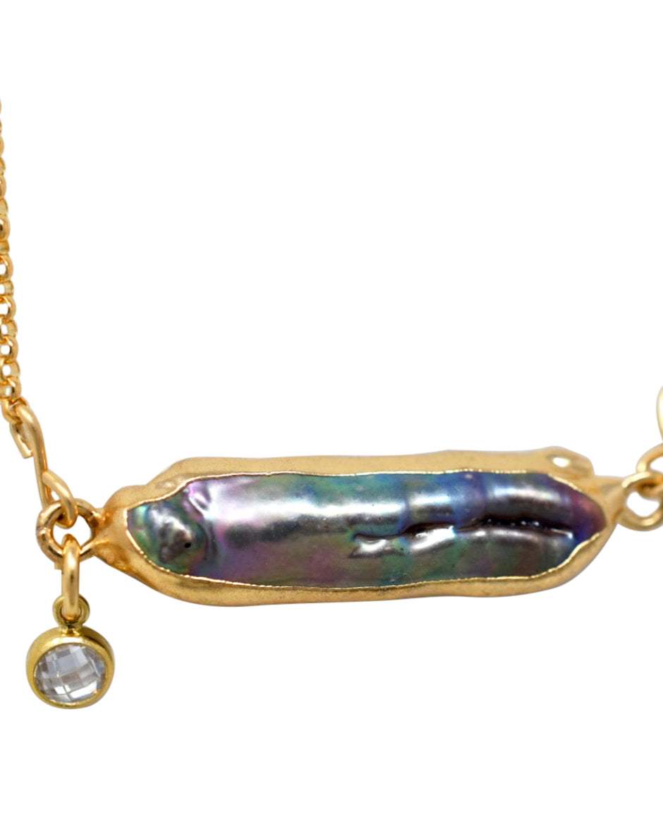 Black Peacock Biwa Stick Pearl Necklace, Gold Filled - MILK VELVET PEARLS