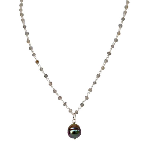 Sterling Silver Labradorite Rosary Chain with Tahitian Pearl Pendant - MILK VELVET PEARLS