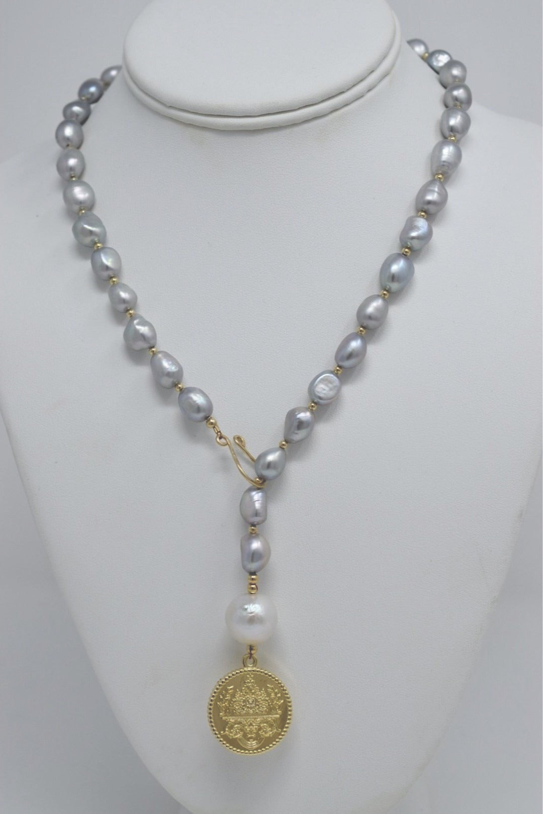 By Grace Necklace - Gray Baroque Pearl Lariat with Gold Coin Pendant - MILK VELVET PEARLS