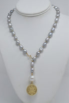 By Grace Necklace - Gray Baroque Pearl Lariat with Gold Coin Pendant - MILK VELVET PEARLS