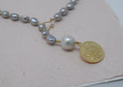 By Grace Necklace - Gray Baroque Pearl Lariat with Gold Coin Pendant - MILK VELVET PEARLS