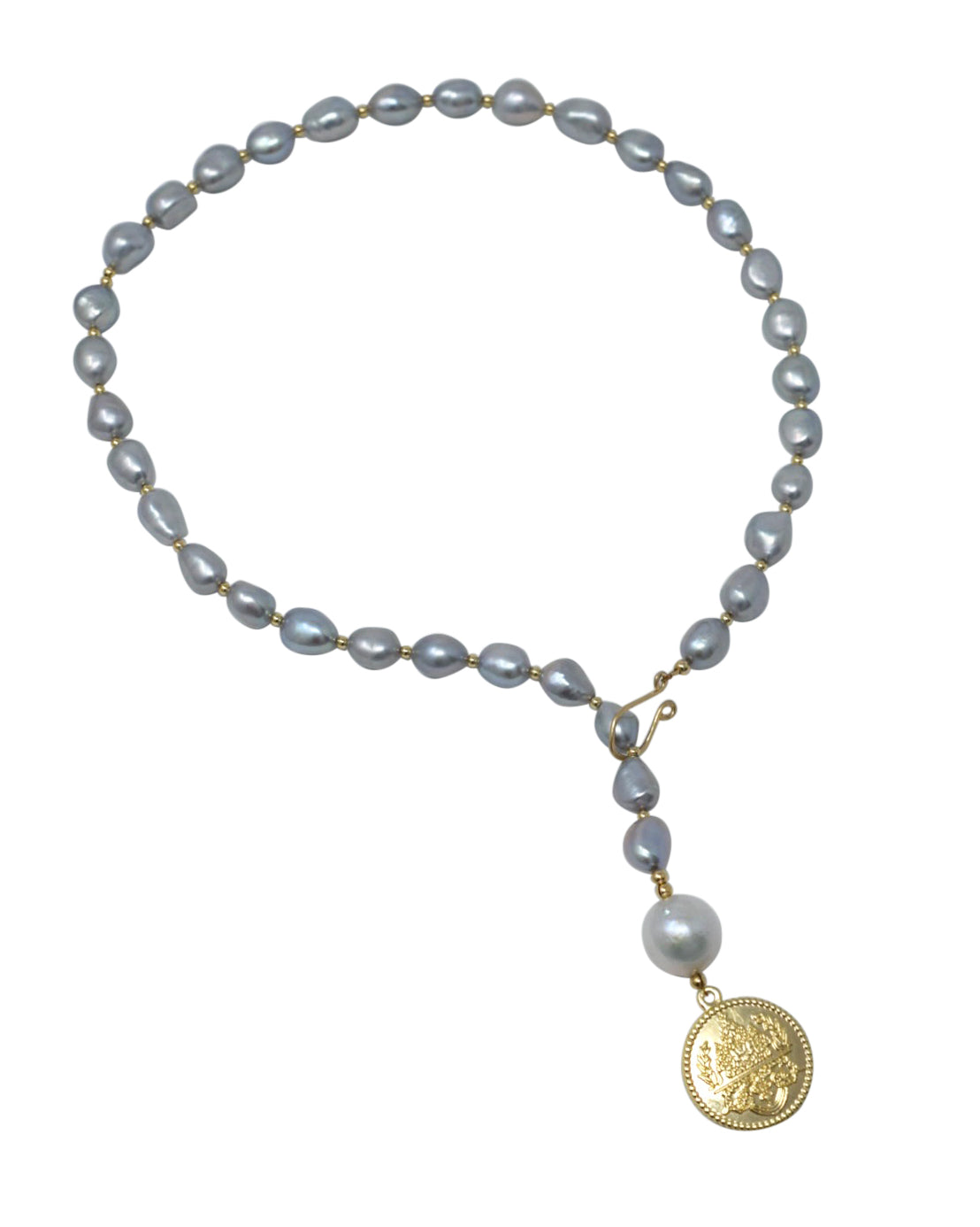 By Grace Necklace - Gray Baroque Pearl Lariat with Gold Coin Pendant - MILK VELVET PEARLS