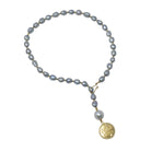 By Grace Necklace - Gray Baroque Pearl Lariat with Gold Coin Pendant - MILK VELVET PEARLS